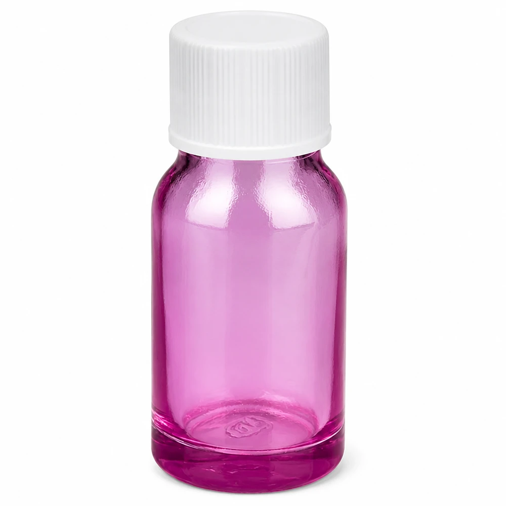10 ml glasflaska i violett med vitt skruvlock för eteriska oljor och kosmetika