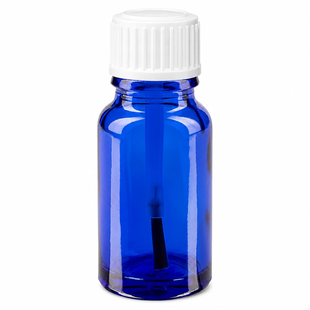 Apoteksflaska blå 10ml skruvlock vit borste 10 ml blå apotekarflaska i glas med vitt pensellock för precis applicering