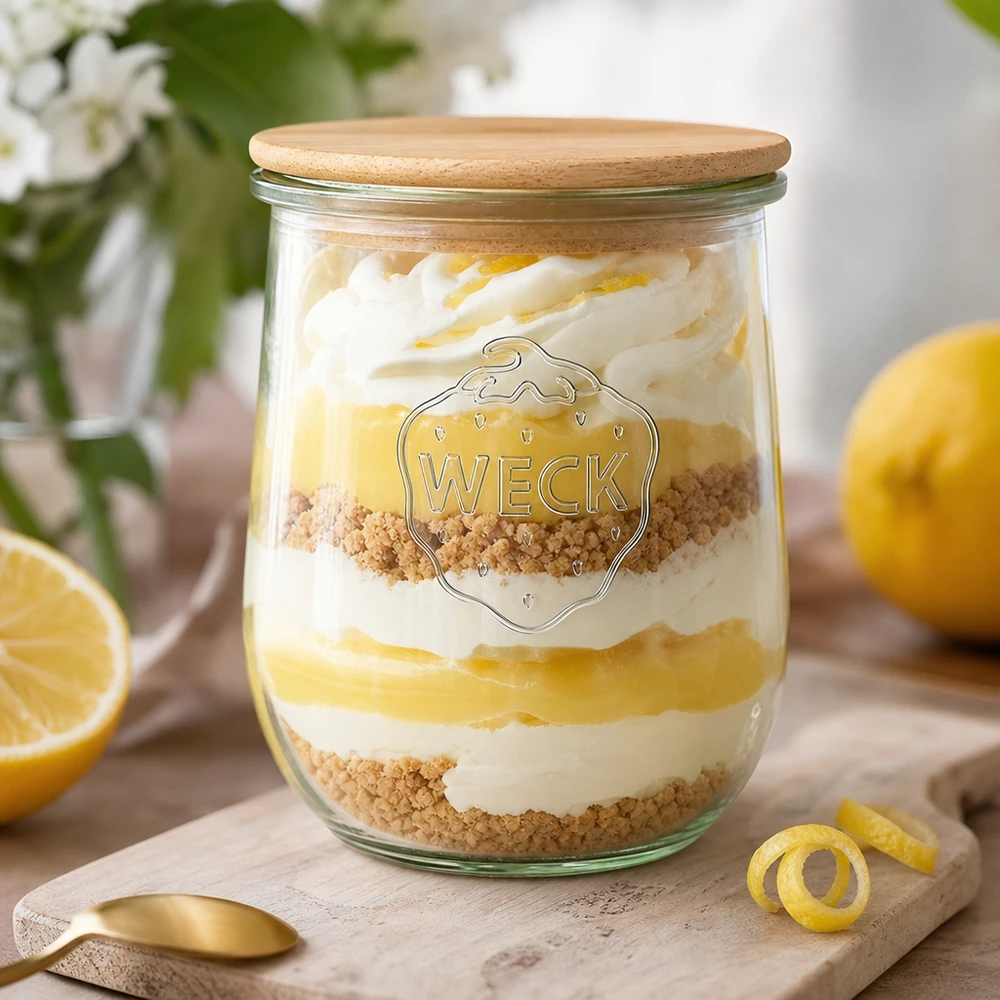 1062ml WECK RR100 tulpanburk med trälock WECK RR100 Tulpanburk 1062ml med trälock som en dessertburk med citronkräm och strössel dekorativt arrangerade