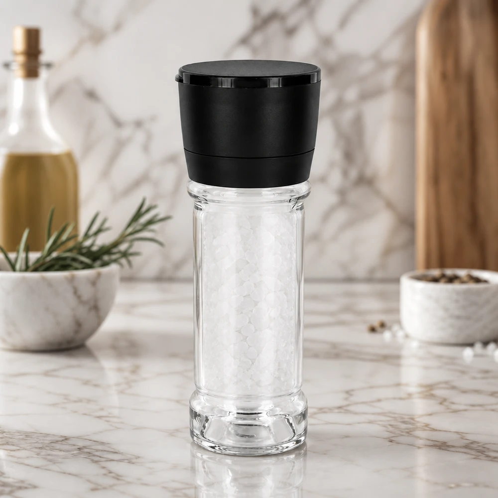 Salt-/kryddburk 100 ml med kvarn, Vario svart Saltglas 100 ml med svart Vario-kvarn på vit marmoryta, fylld med grovt havssalt