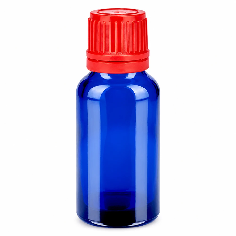 20 ml blå glasflaska med rött skruvlock för eteriska oljor och kosmetika