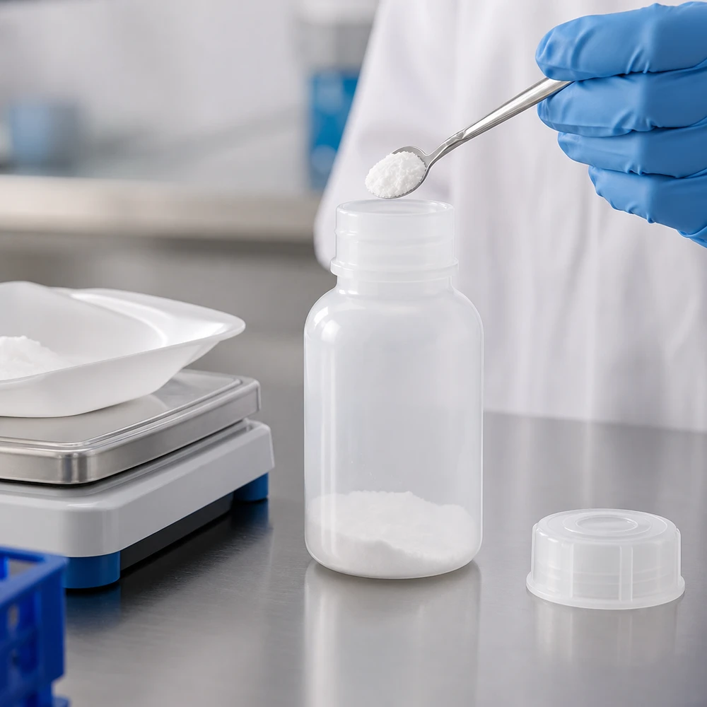 100 ml laboratorieflaska med vid hals och skruvlock vid påfyllning av vitt pulver i laboratoriet