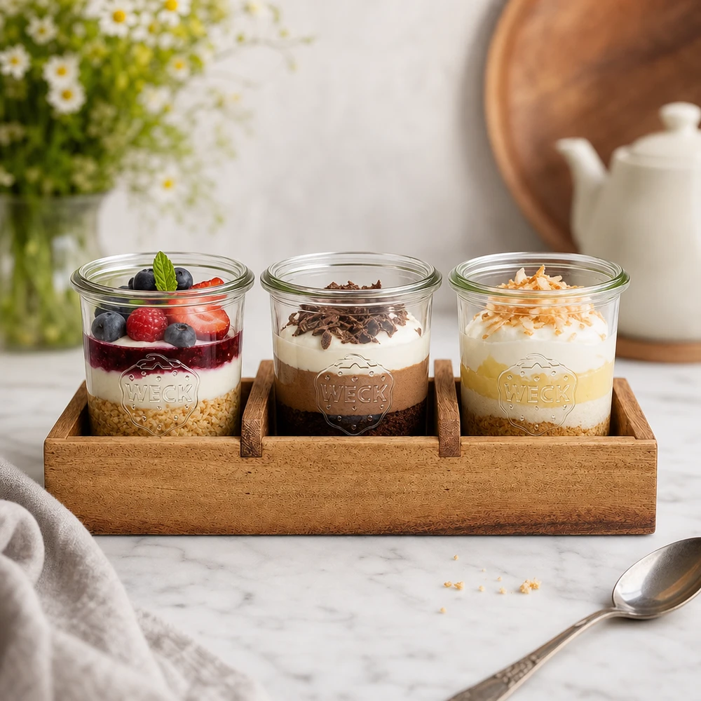 Serveringsbricka Box3 av akaciaträ för 3 WECK tumblers. Serveringsbräda i akaciaträ Box3 med tre WECK-burkar dessert yoghurt bär choklad kokos kök presentation