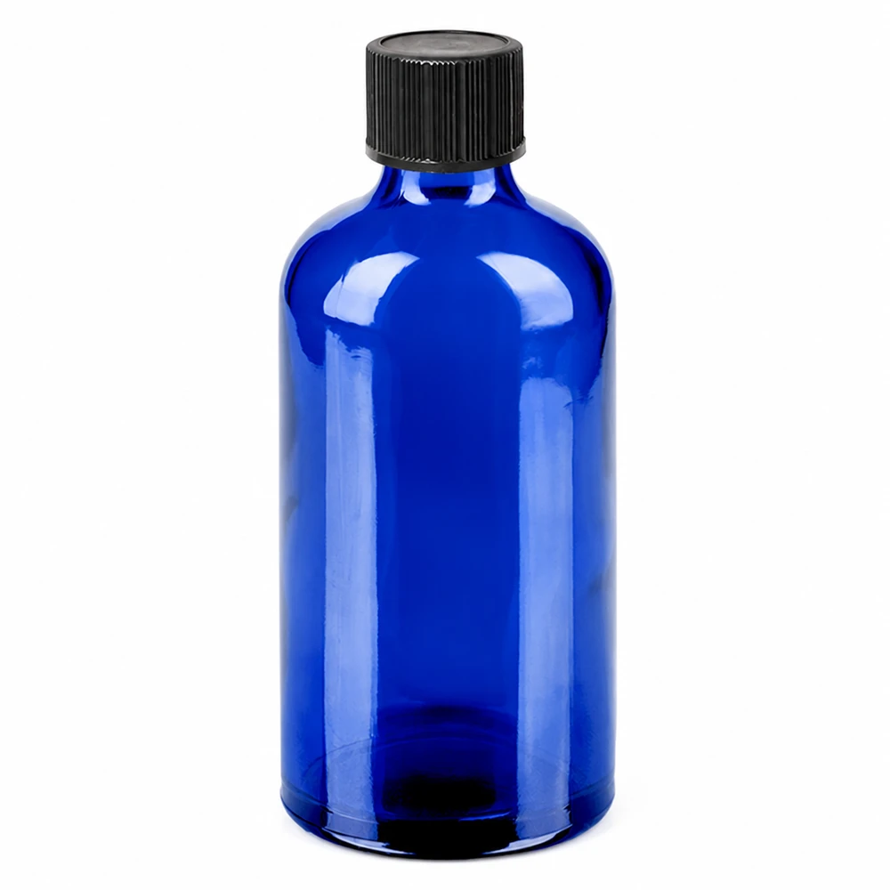 100ml Droppflaska 1mm svart standardförslutning BlueLine UT18/100 Droppflaska i blått glas 100 ml med svart lock för eteriska oljor och tinkturer