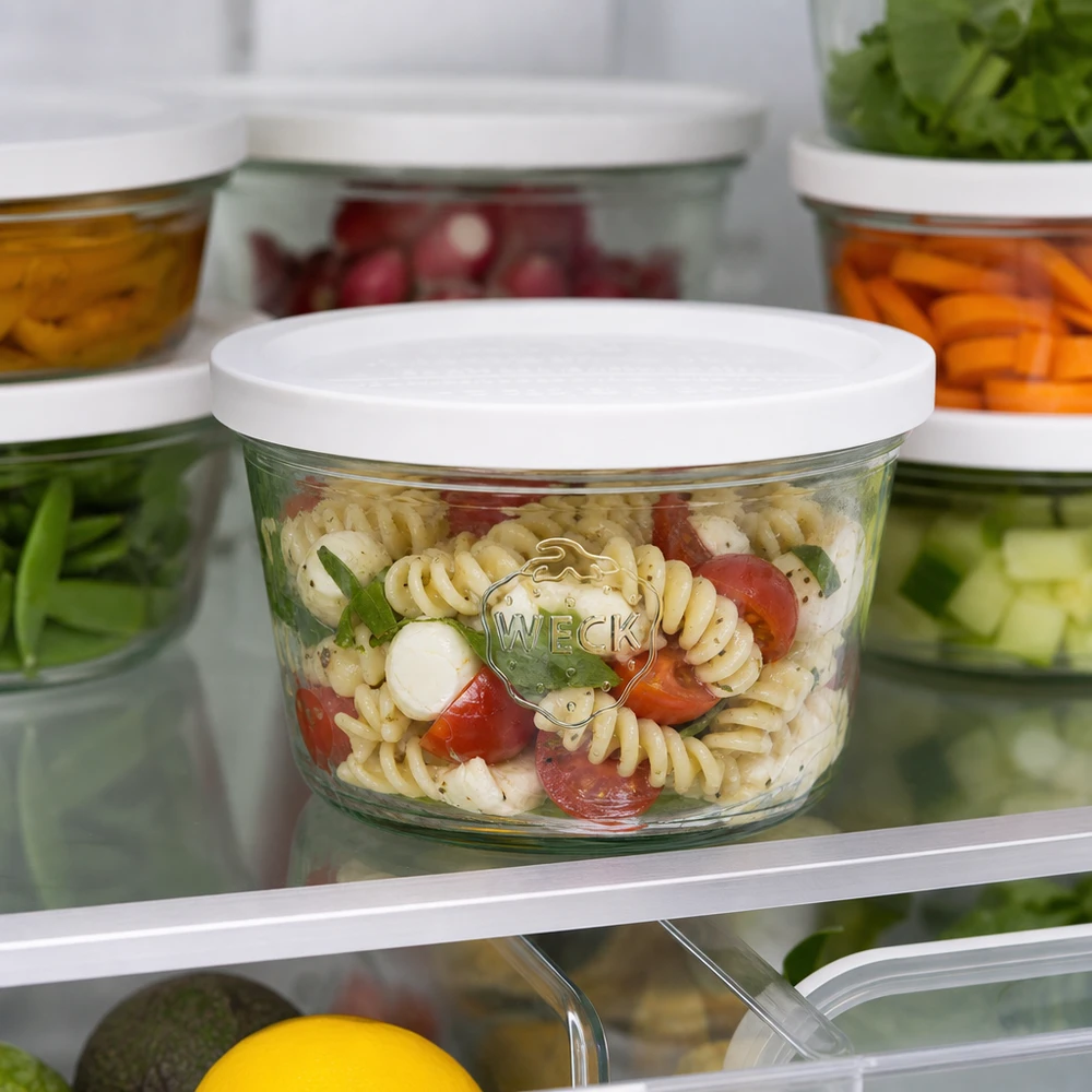 370 ml burk med lock som håller in färskheten, WECK RR100 WECK 370 ml RR100-glas fyllda med pastasallad i kylskåpet för förvaring av färsk mat