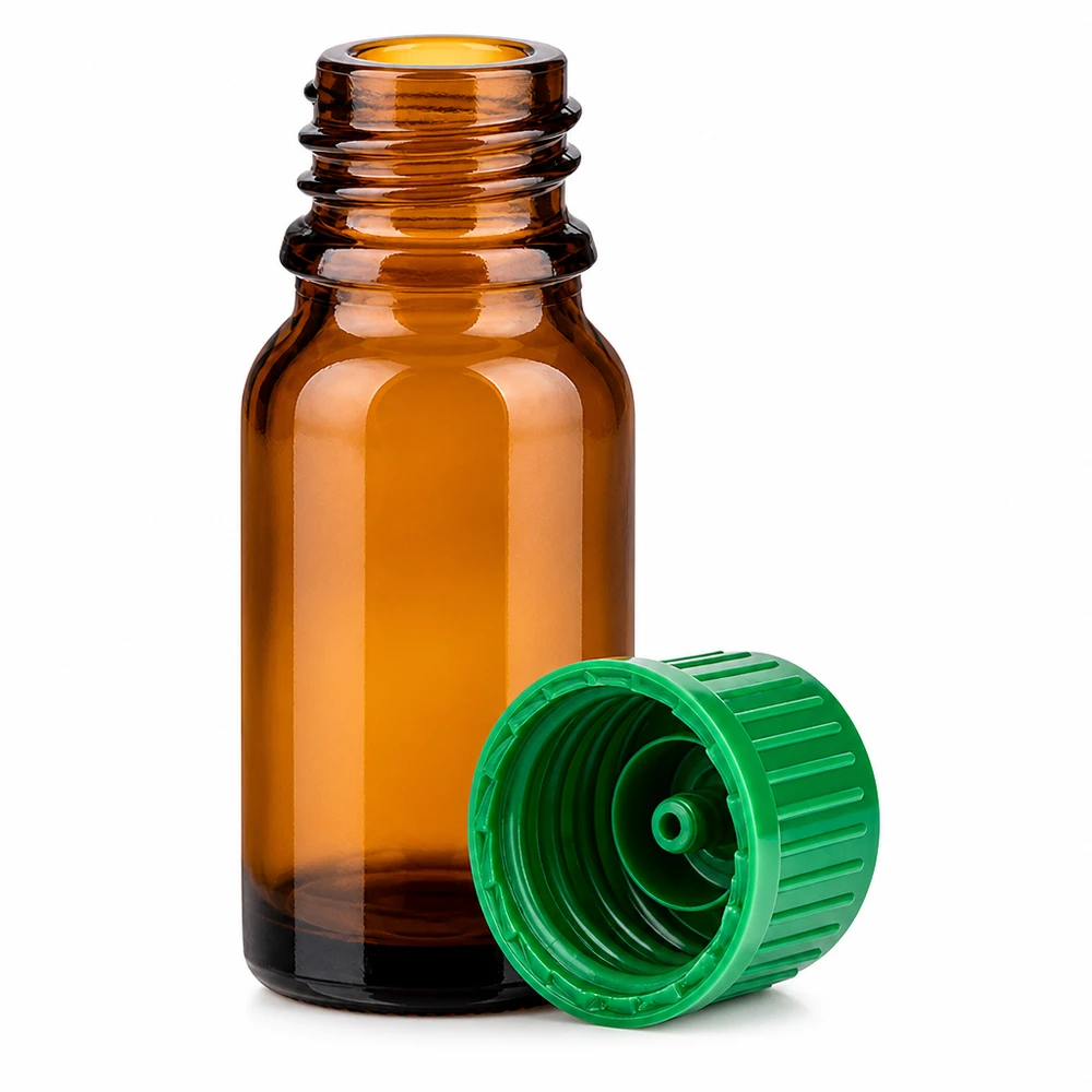 10ml flaska 11mm skruvkork grön Standard BrownLine UT18/10 Liten 10 ml glasflaska i brunt med grönt lock, idealisk för aromaterapi och naturkosmetik