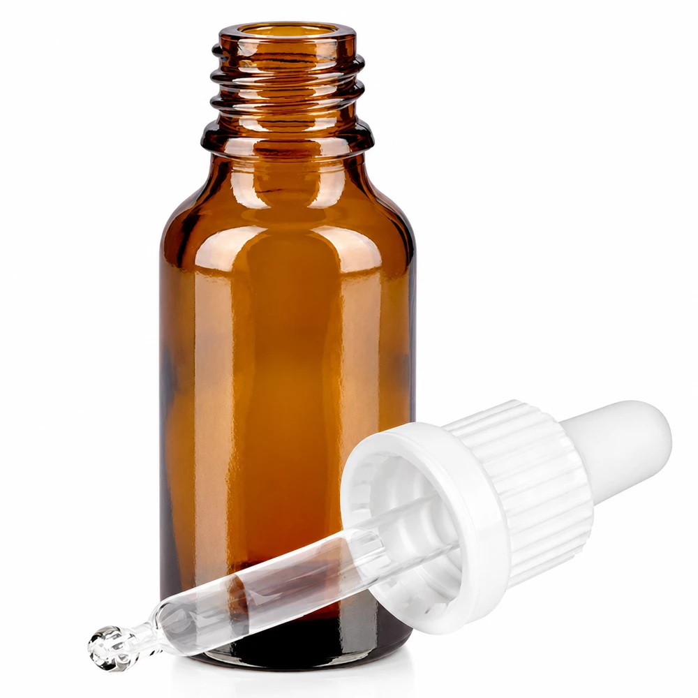 20 ml pipettflaska vit med säkerhetsförslutning BrownLine UT18/20 Brun glasflaska 20 ml med pipett för eteriska oljor och serum - exakt droppdosering