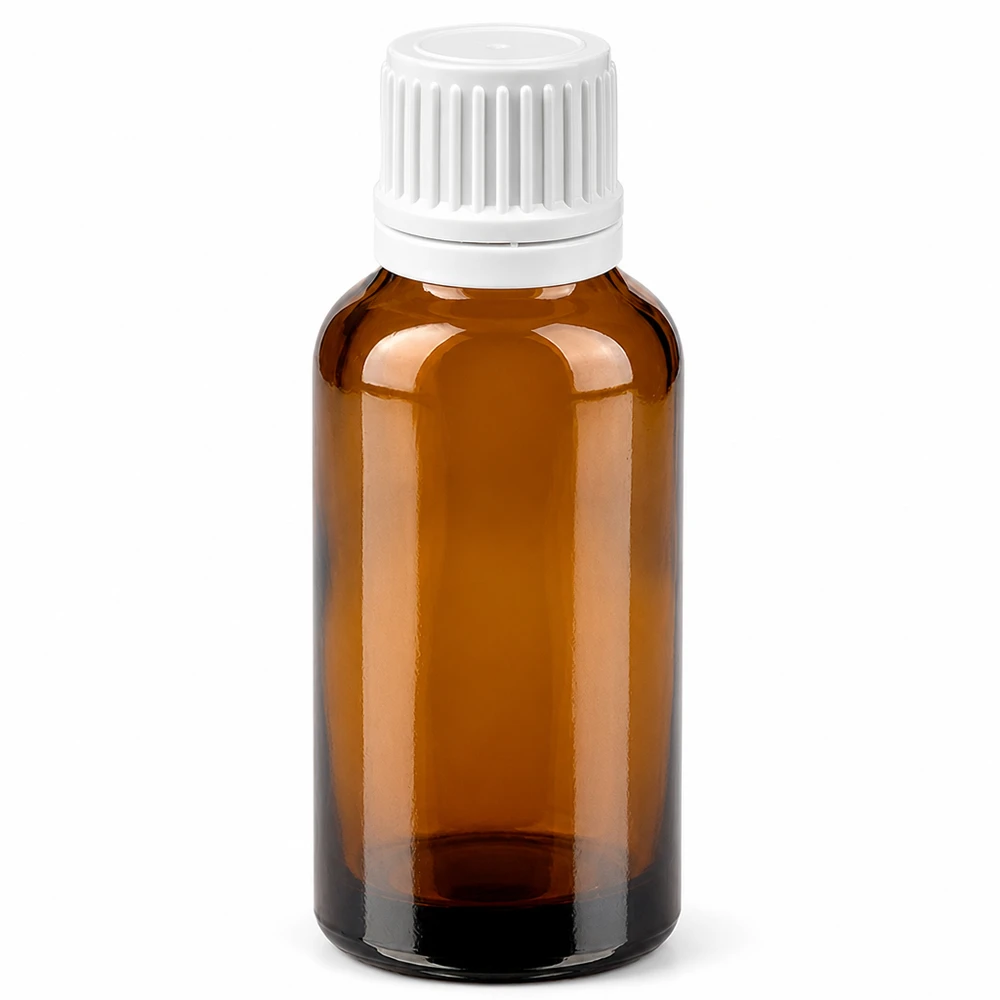 Brun glasflaska 30 ml med vitt skruvlock för eteriska oljor och läkemedel