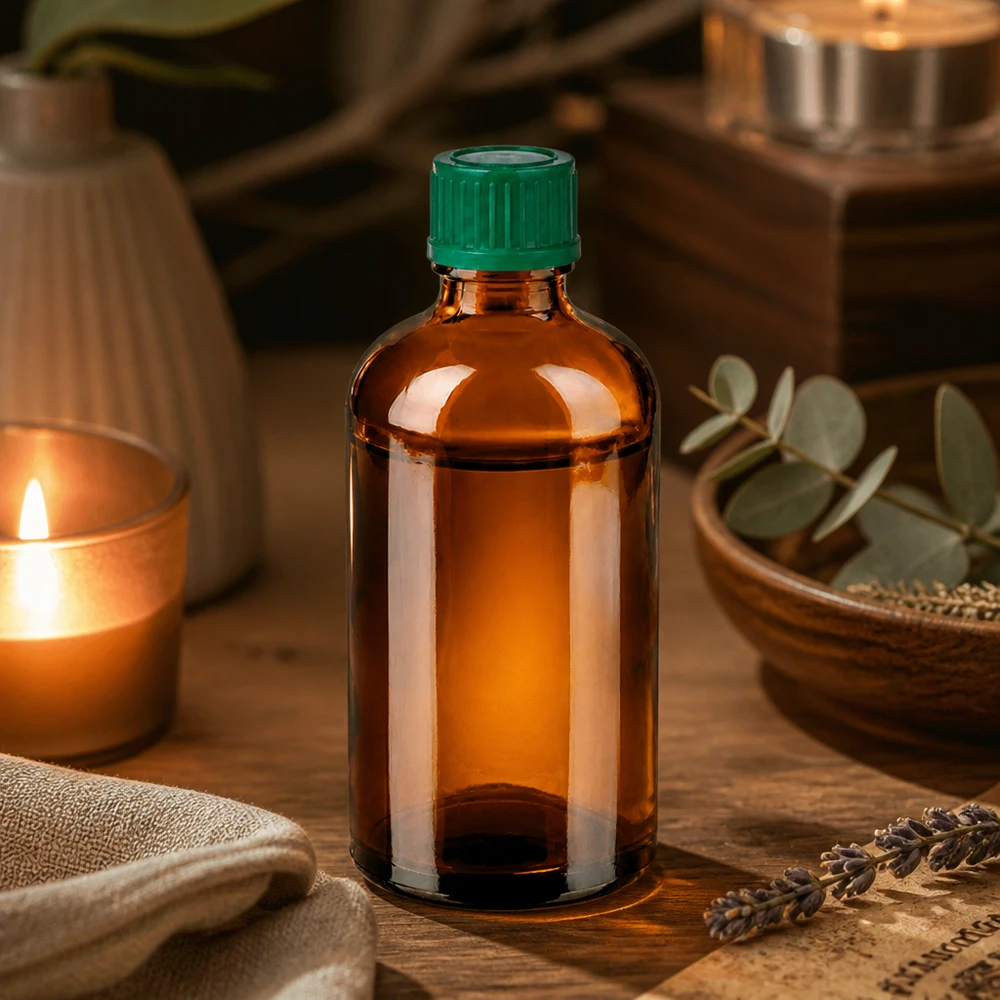100 ml flaska 11 mm skruvkork grön Standard BrownLine UT18/100 Liten 100 ml bärnstensfärgad glasflaska med grönt lock, perfekt för kosmetika och naturläkemedel