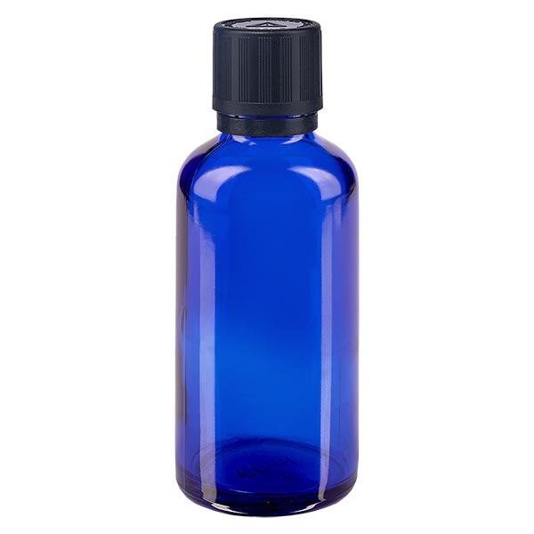 Apoteksflaska blå 50ml dropplock hällring 1mm svart barnsäkerhetslås blind varningssymbol manipuleringssäker förslutning Apoteksflaska blå 50ml dropplock hällring 1mm svart barnsäkerhetslås blind varningssymbol manipuleringssäker förslutning