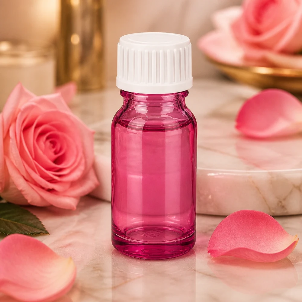 Rund 10ml glasflaska i lila look med vit tråd perfekt för parfym och essenser