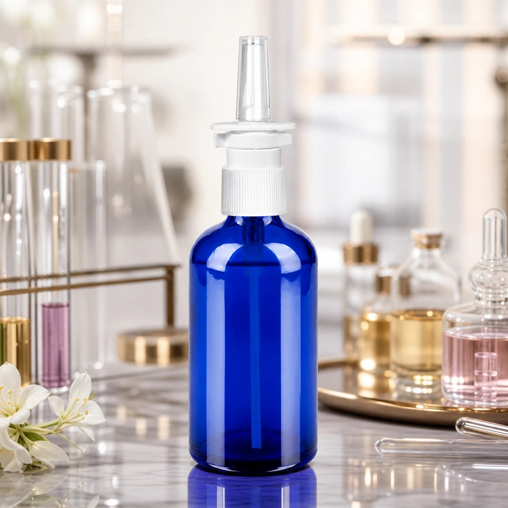 100ml nässprayflaska svart vit/transparent standardlock BlueLine UT18/100 Högkvalitativ glasflaska 100 ml med STD-gänga UT18/100 för professionell produktion av nässpray