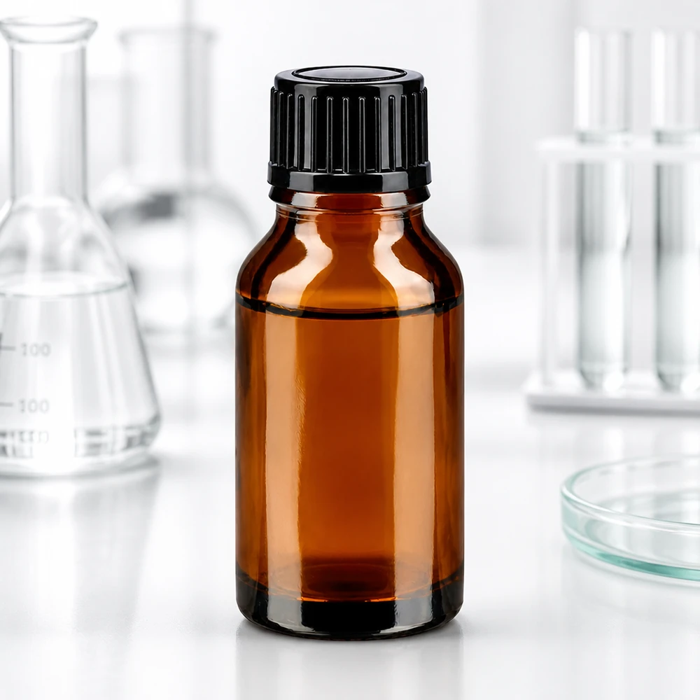 Apoteksflaska brun 15ml skruvkork svart standard Apoteksflaska på 15 ml av brunt glas med svart skruvlock i laboratoriet mellan Erlenmeyer-kolvarna