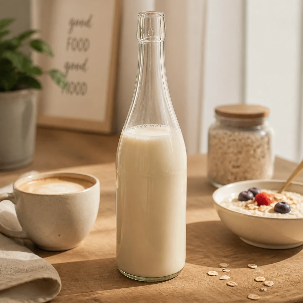 750ml glasflaska utan svängbar topp UNiTWIST 750 ml UNiTWIST-glasflaska fylld med havremjölk bredvid kaffekopp flingskål frukostbord livsstilsscen