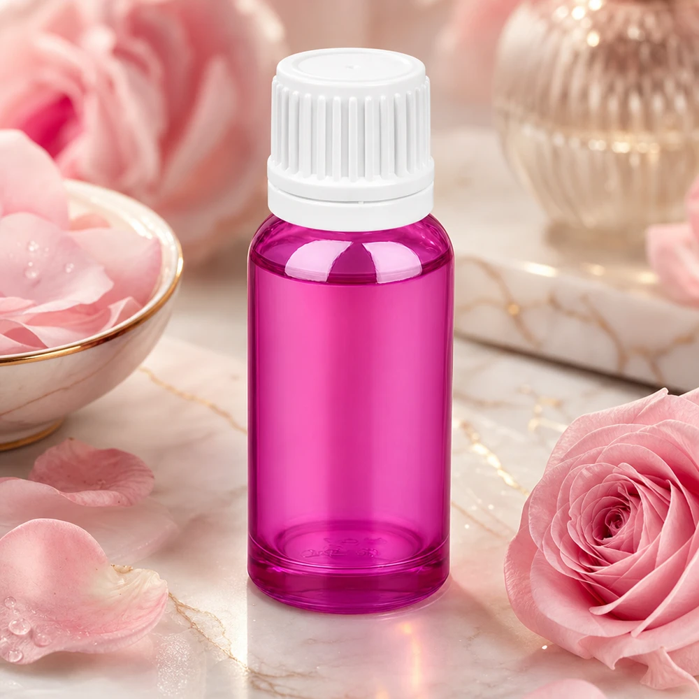 Lila 20 ml aromaterapiflaska med vitt dropplock mellan rosa rosor och kosmetika