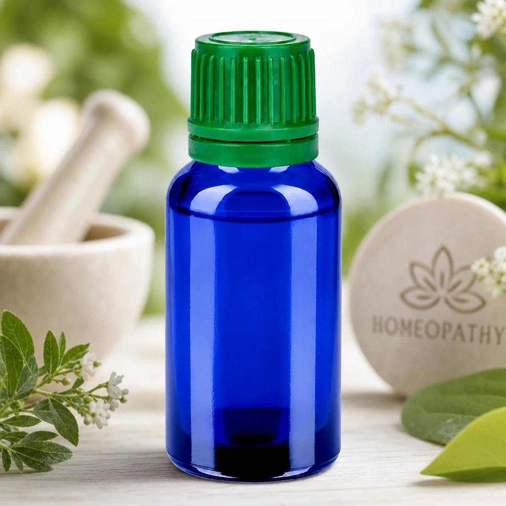 20 ml glasflaska med räfflat grönt lock för enkel öppning och säkert grepp
