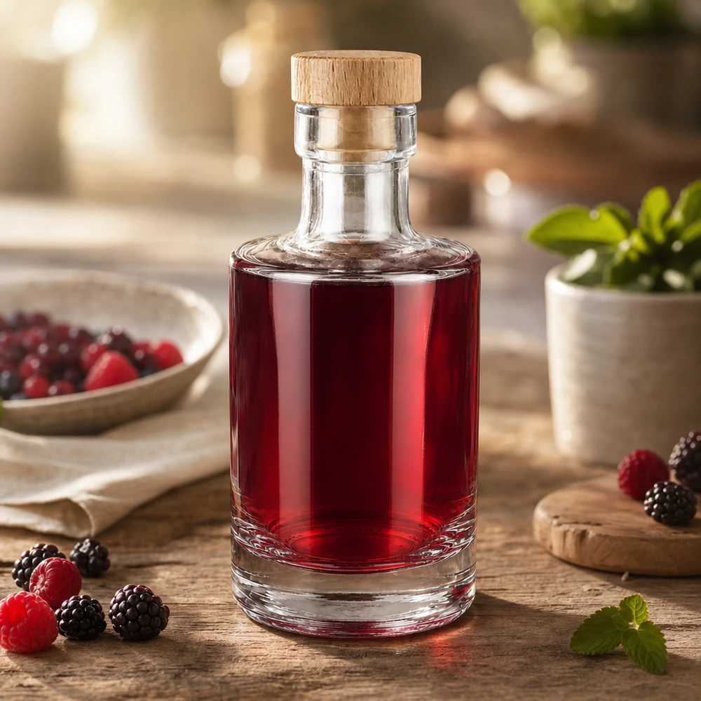 200 ml glasflaska Marie med kork med trähandtag UNiTWIST® 200ml Glasflasche Marie mit Beerenlikör befüllt, Holzkorken-Verschluss, dekoriert mit Himbeeren und Brombeeren auf Holzt