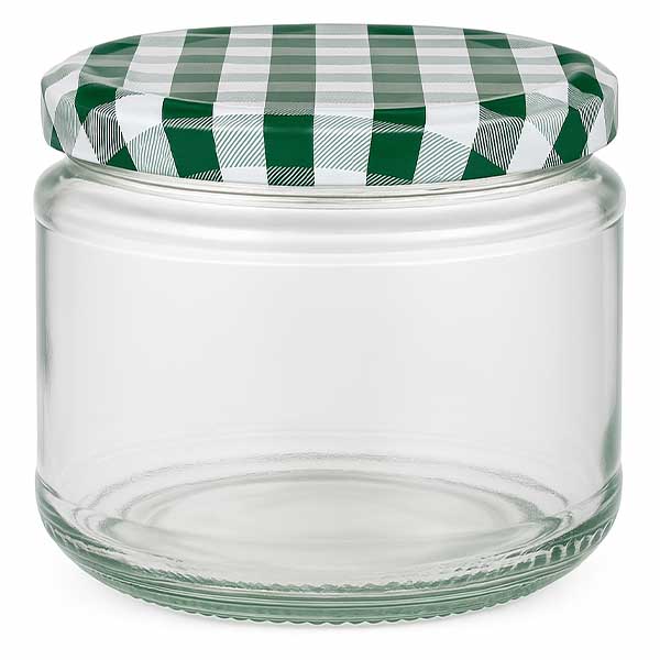 330ml rund burk + BasicSeal lock grön/vit UNiTWIST 330 ml rund burk med grönt och vitt rutigt BasicSeal-lock, tom konserveringsburk för mat och konserver