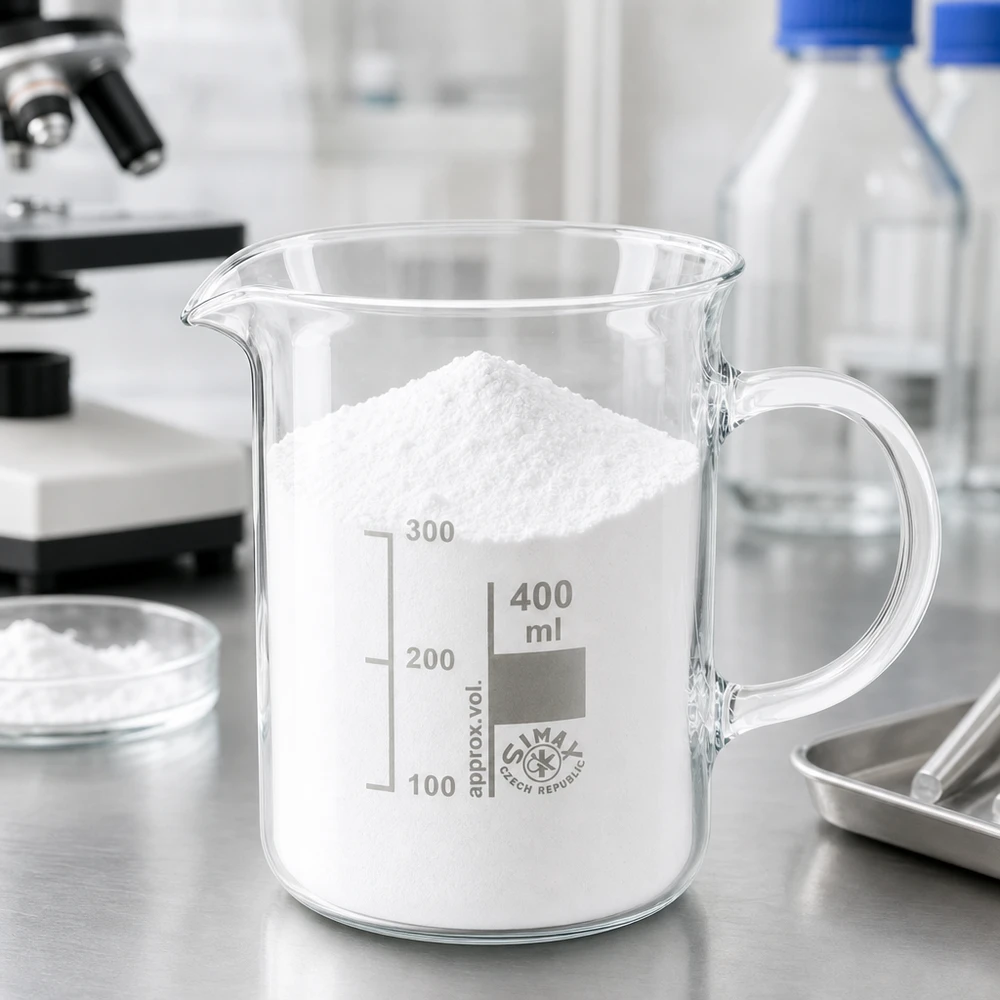400 ml bägare med handtag, fylld med vitt pulver, på ett laboratoriebord; borosilikatglas
