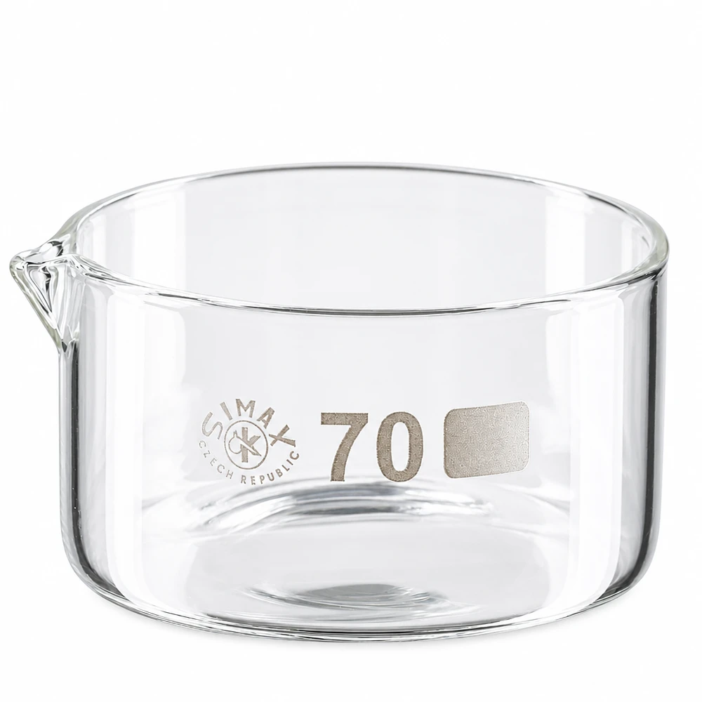 Kristalliseringsskål 100 ml, borosilikatglas med pip, diameter 70 mm, från Simax Czech Republic