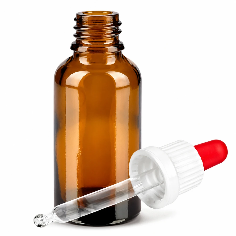 30 ml pipettflaska vit/röd med säkerhetsförslutning BrownLine UT18/30 Brun glasflaska 30 ml med droppipett för eteriska oljor och serum - UV-skydd genom mörkt glas