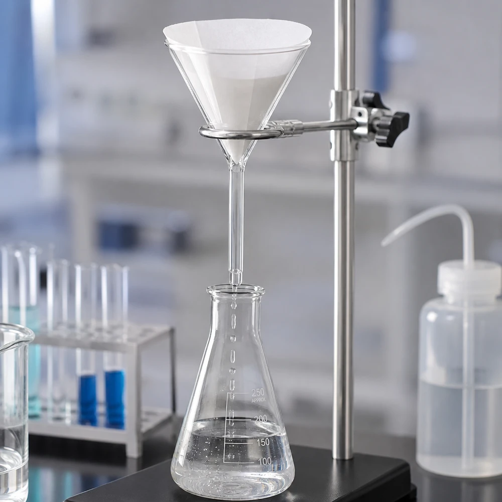 Kortstjälkad tratt, 100 mm, tillverkad av robust kalk-sodaglas för kemiska analyser och laboratorieexperiment