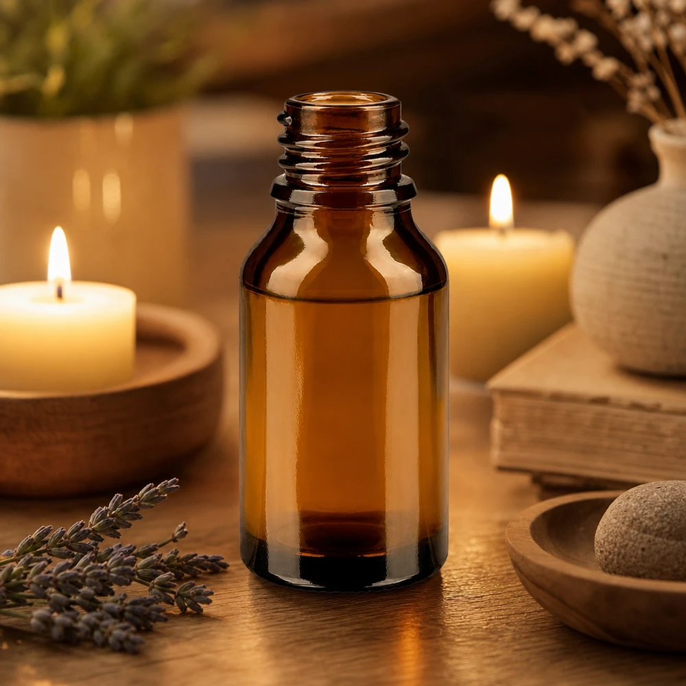 15 ml brun apoteksflaska i ApoGlas i varmt stearinljussken med lavendelkvistar och spa-tillbehör på en träyta