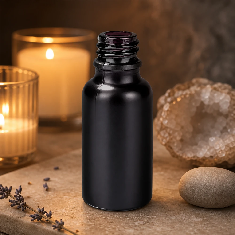 20ml apoteksflaska BlackLine UT18/20 UNiTWIST Svart 20 ml glasflaska BlackLine UT18/20 med frostad yta för aromaterapeutiska oljor