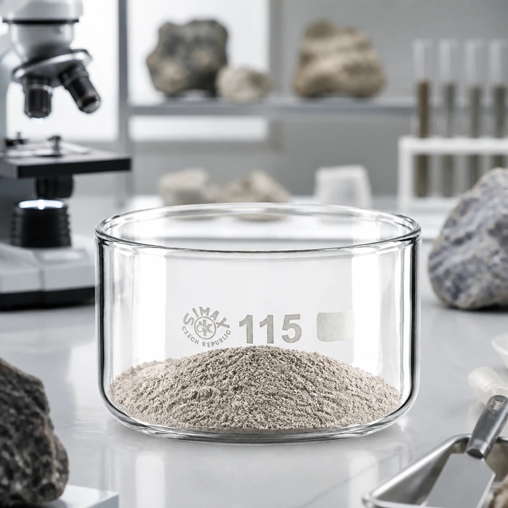 SIMAX-kristalliseringsskål, 500 ml, med grått mineralpulver på en vit laboratoriebänkskiva