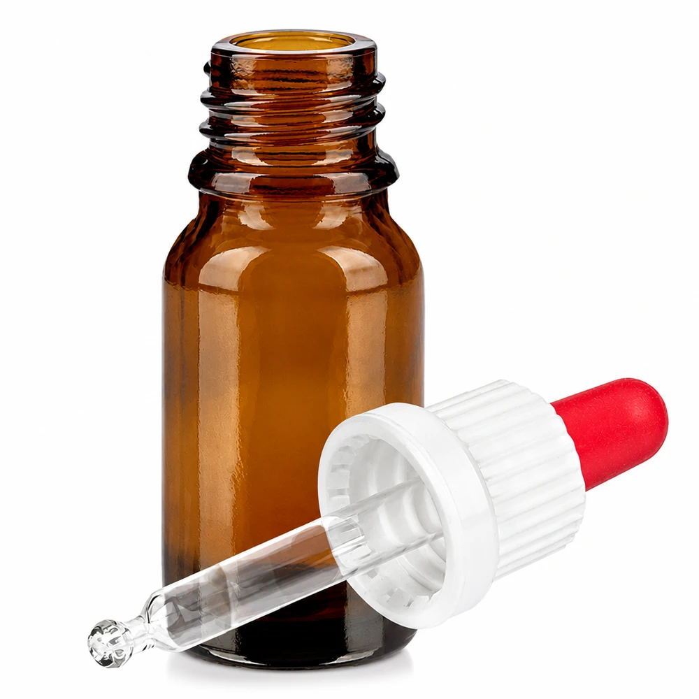 10 ml pipettflaska vit/röd med säkerhetsförslutning BrownLine UT18/10 Brun 10 ml glasflaska med pipett och röd droppare för eteriska oljor och serum