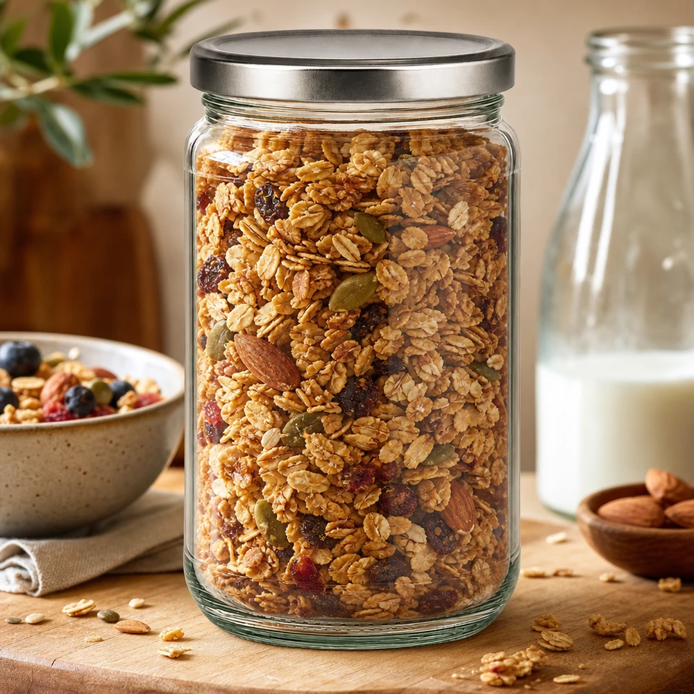 305 ml rund burk med BasicSeal-lock silverfylld med müsli och nötter som förvaringsburk i det naturliga köket