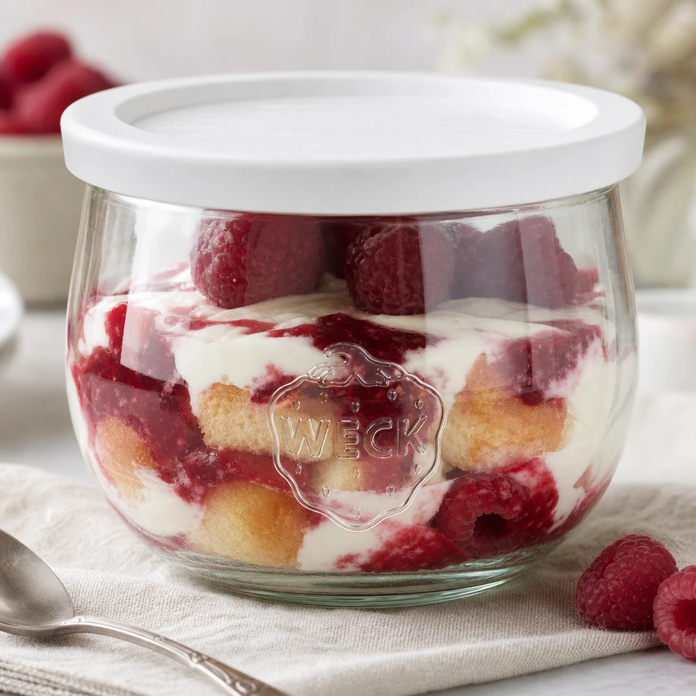 580ml tulpanburk med lock för färskhet WECK RR100 WECK tulpanburk 580ml med fräscht lock som dessertskål för desserter med lager på lager med hallon och grädde