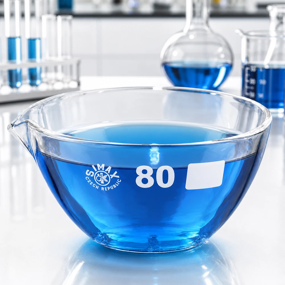 90ml indunstningsskål med pip av borosilikat ø80mm Kompakt 80 mm indunstningsskål av borosilikatglas med pip för effektiva laboratorieprocesser