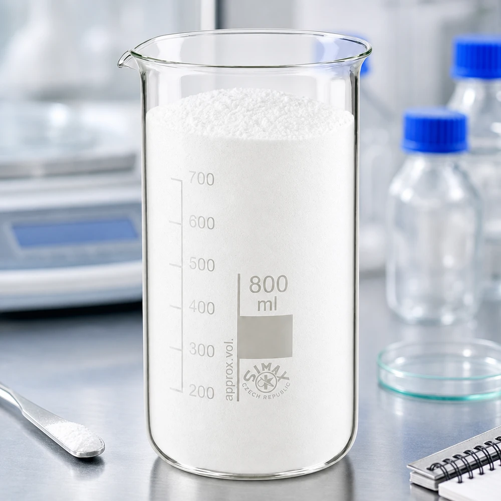 800 ml beger i hög modell, fylld med vitt pulver, på en laboratorievåg på ett SIMAX-bord i rostfritt stål