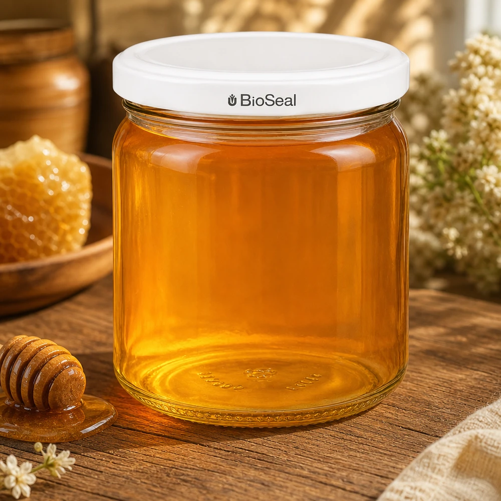 408 ml rund burk med vitt BioSeal-lock UNiTWIST UNiTWIST Runda408 fylld med gyllene honung - traditionell förvaring av honung i glasburk med vit TO82 BioSeal