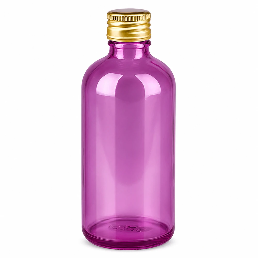 100 ml glasflaska i ljus violett med guldfärgad aluminiumkork för kosmetika och läkemedel