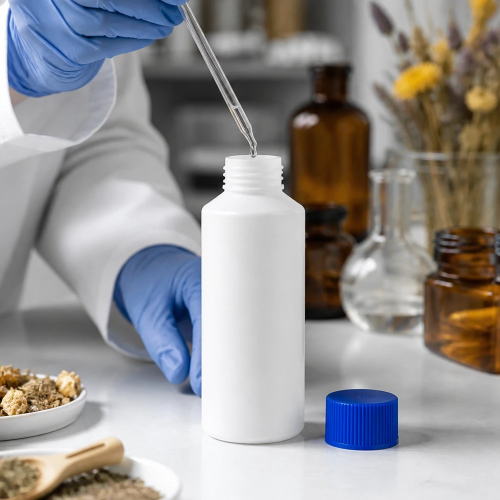 Apoteksflaska HDPE 100ml vit, med blått skruvlock Apoteksflaska av HDPE, 100 ml, vit med blå skruvkork, i laboratoriet