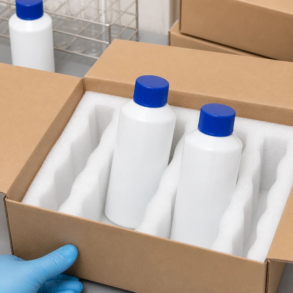Vita HDPE-apotekflaskor, 100 ml, med blå SV, i skumplastförpackning, klara för leverans