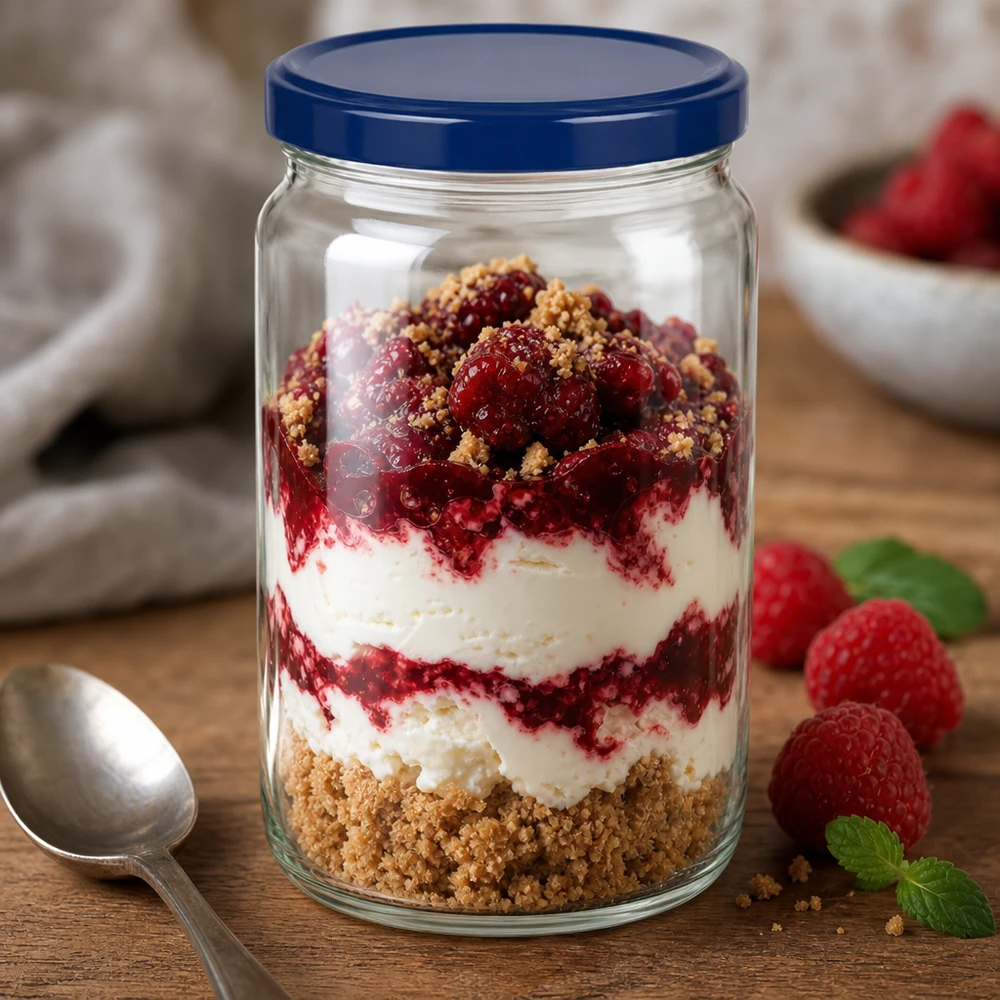 795 ml runt glas med blått UNiTWIST-lock fyllt med en dessert med lager av bärkräm och kexsmulor på ett träbord