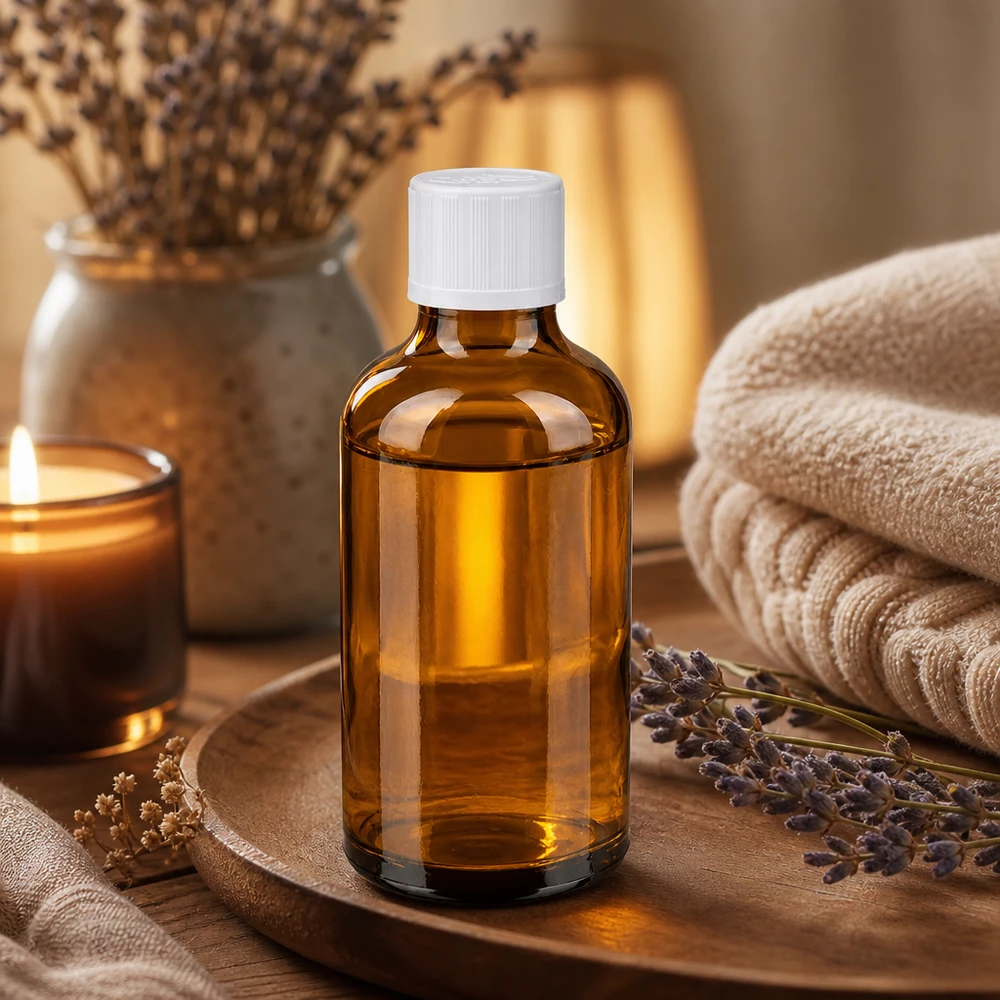 Apoteksflaska brun 50ml skruvkork vit barnskyddande standard Liten 50 ml-flaska i brunt glas med vitt barnsäkert lock på en träbricka med lavendel