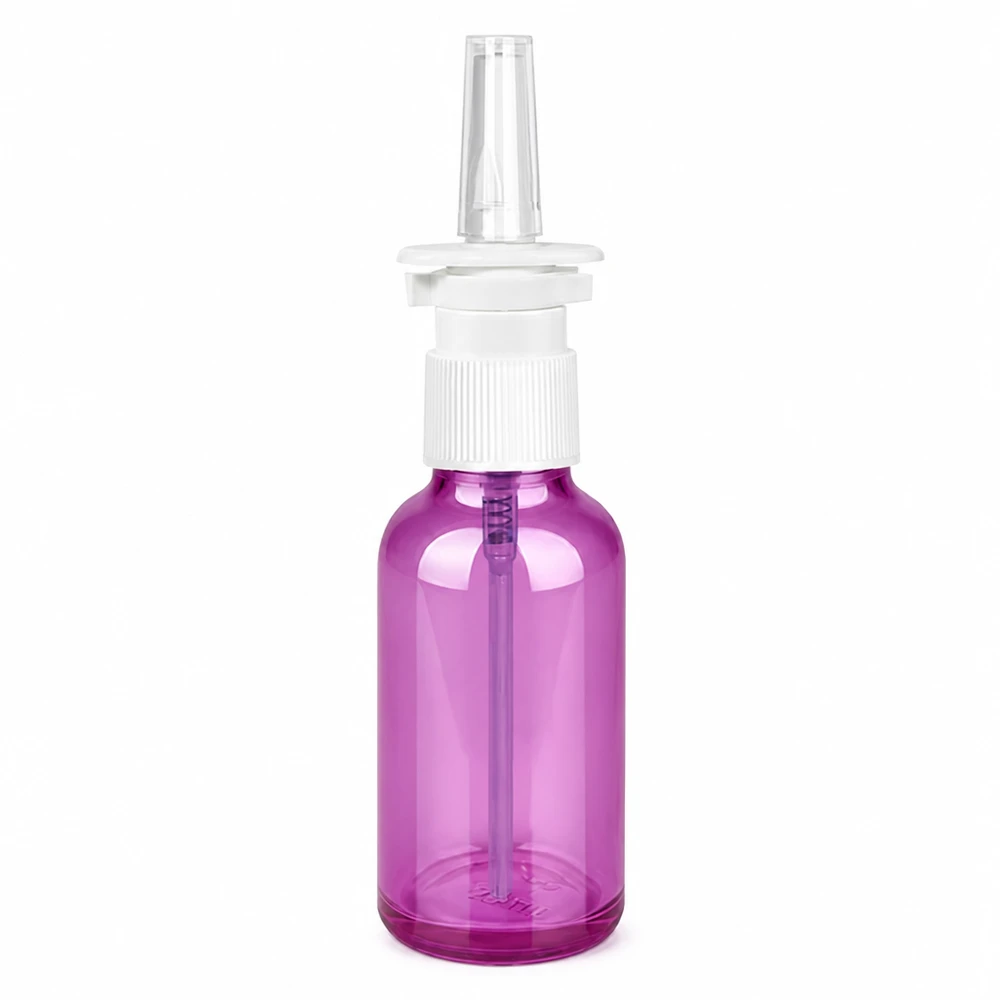 30 ml nässprayflaska i transparent lila med vitt sprayhuvud för medicinska tillämpningar
