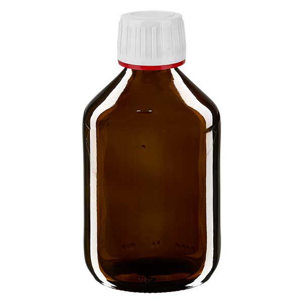 300 ml medicinflaska brun, vitt lock med sabotagesäker ring röd ApoGlas