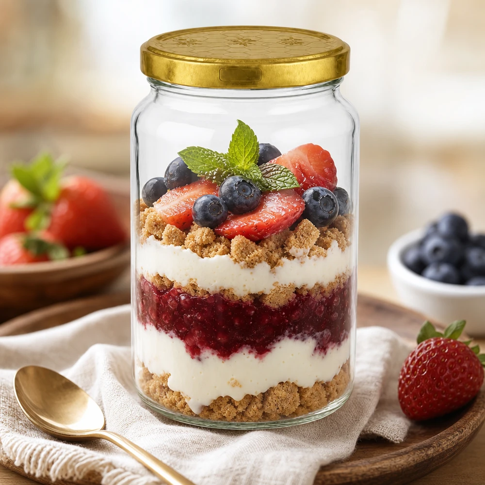 795 ml runt glas med guldlock som dessertglas för bärtrifle med yoghurt och strössel
