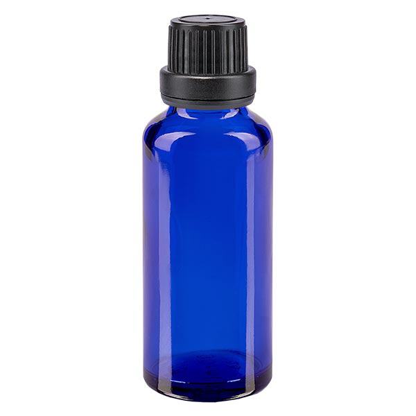 Apoteksflaska blå 30ml skruvkork svart manipuleringssäker förslutning Apoteksflaska blå 30ml skruvkork svart manipuleringssäker förslutning