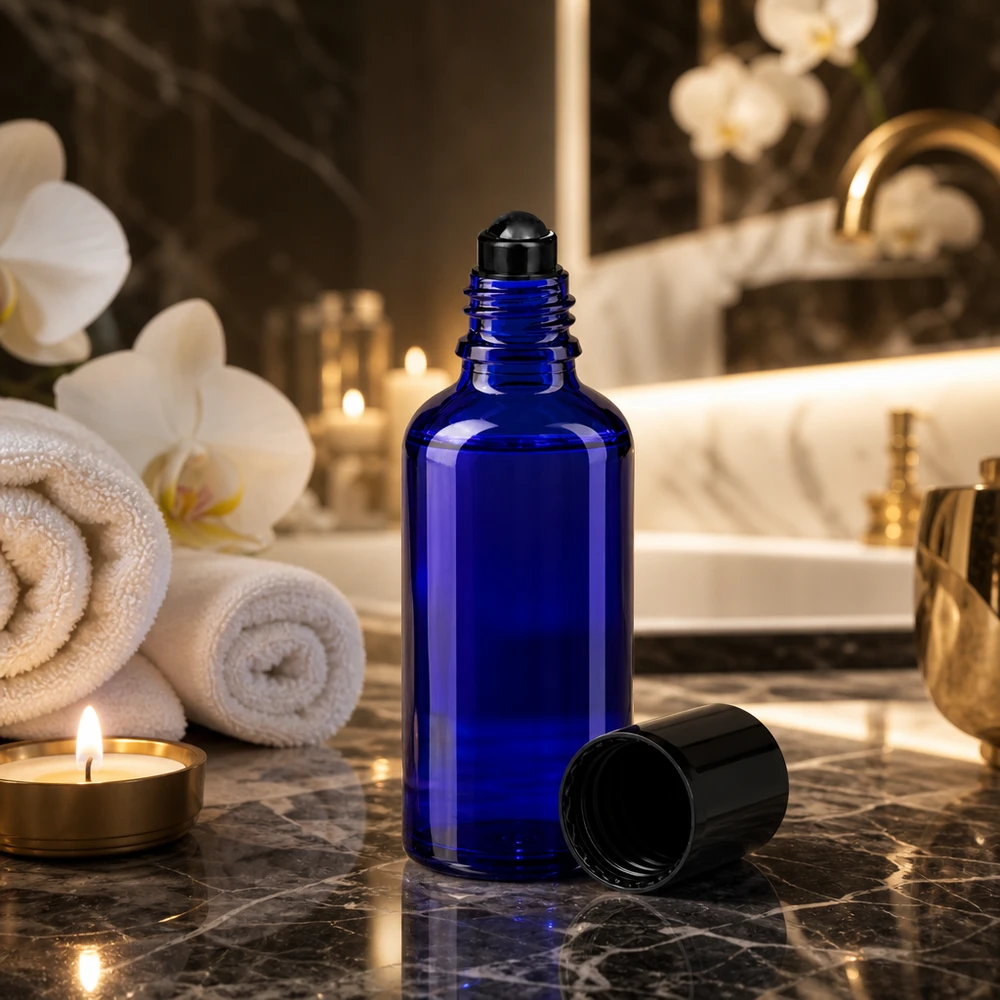 Apoteksflaska blå 50ml roll-on lock svart Blå apotekarflaska på 50 ml med roll-on-munstycke i en lyxig badrumsmiljö