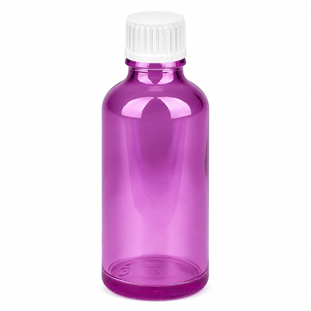 50ml droppflaska 0,9mm vit standard PurpleLine. UT18/50 50 ml droppflaska, lila transparent med vitt lock för exakt dosering