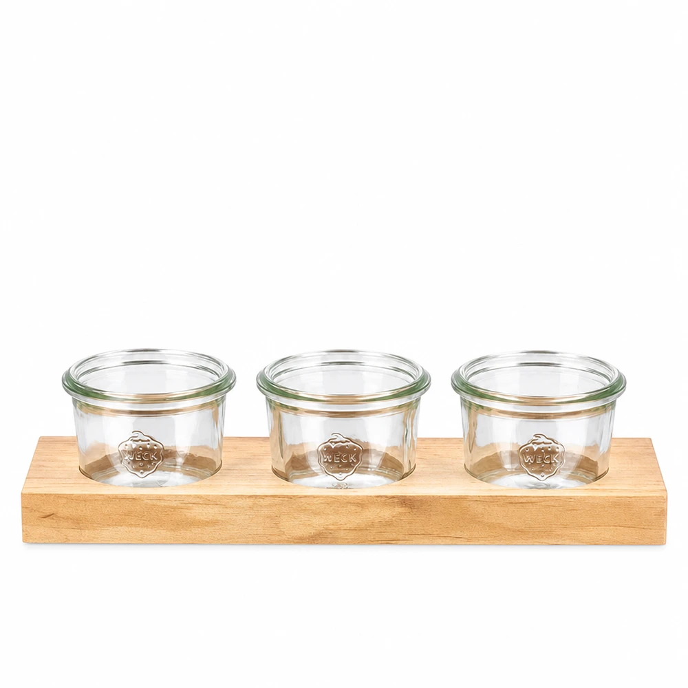 Plano3 serveringsbräda i trä med 3 Weck 80 ml-behållare för dipp, kryddor och snacks