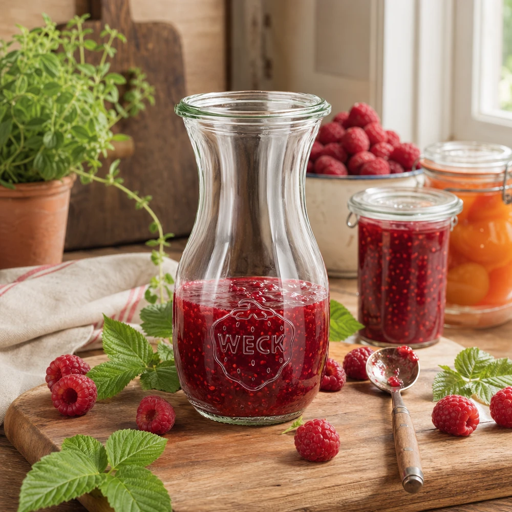 290 ml juiceflaska WECK RR60 WECK juiceflaska 290ml RR60 fylld med hallonsylt omgiven av färska hallon och myntablad på en träbräda