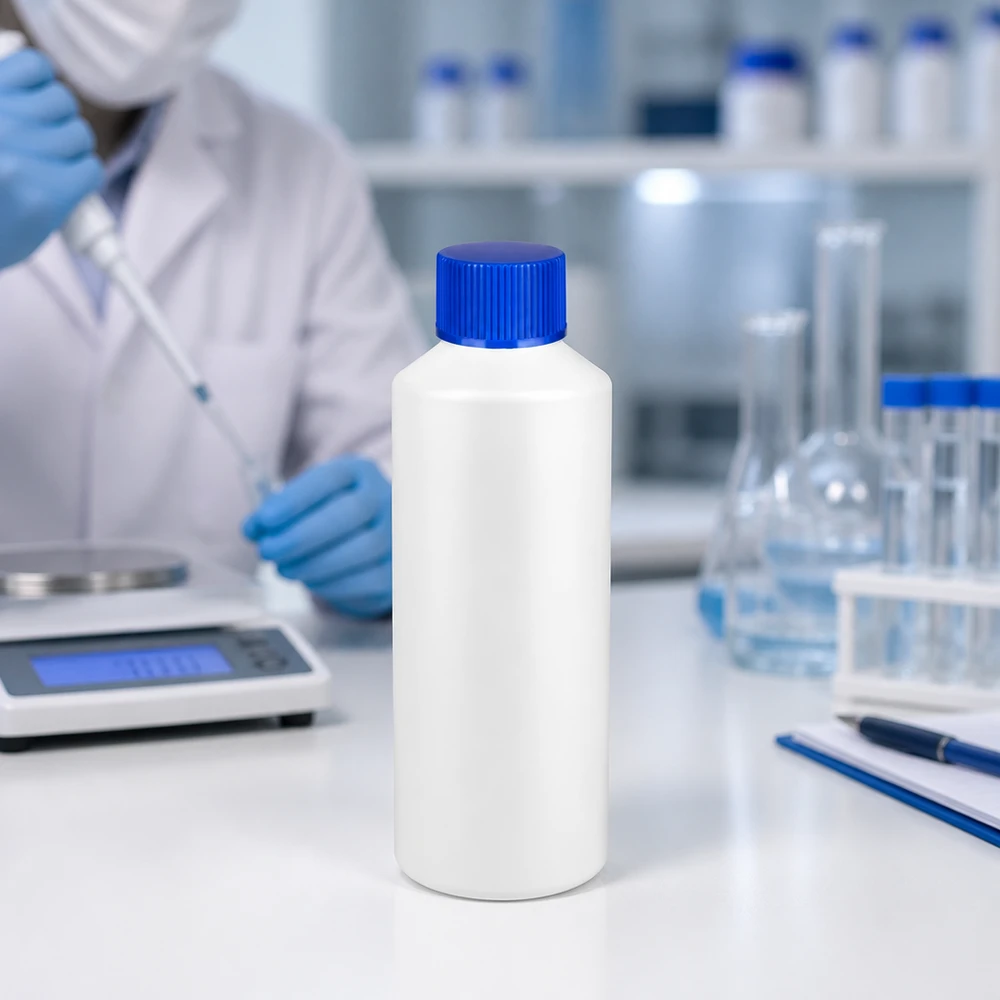 Vit apoteksflaska, 100 ml, HDPE, med blå SV på en vit laboratoriebänkskiva