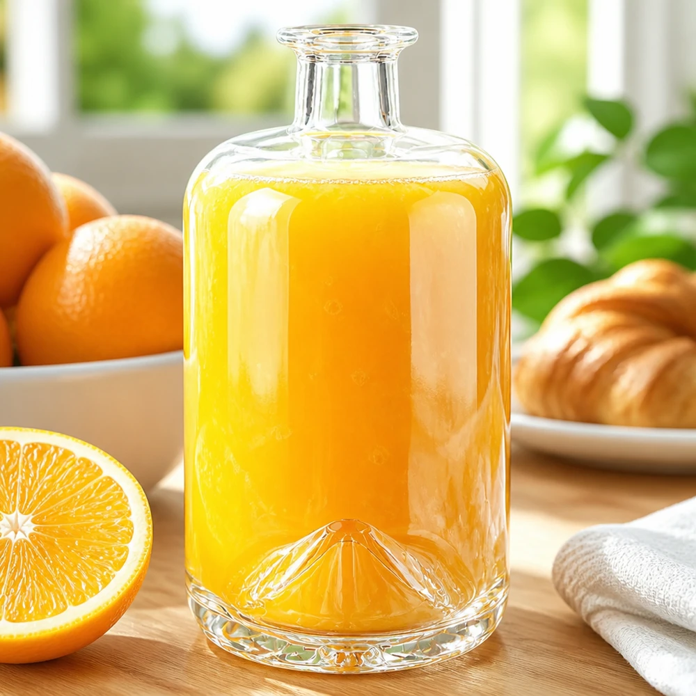 700 ml glasflaska Sofia fylld med apelsinjuice bredvid färska apelsiner och croissanter i en solig frukostscen